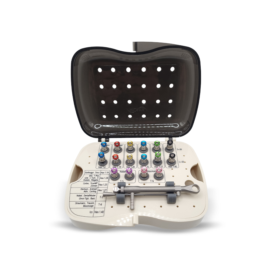 Kit de 16 tournevis universels pour implants, usage manuel. Compatible avec la plupart des systèmes implantaires. Idéal pour le serrage et desserrage des vis prothétiques et implantaires. Outil indispensable pour les chirurgiens-dentistes et implantologues.