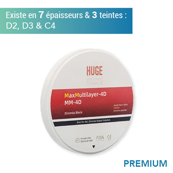 Disque zircone premium MM 4D - Teintes D2, D3 & D4 - 7 épaisseurs - HUGE - ootopfti.com