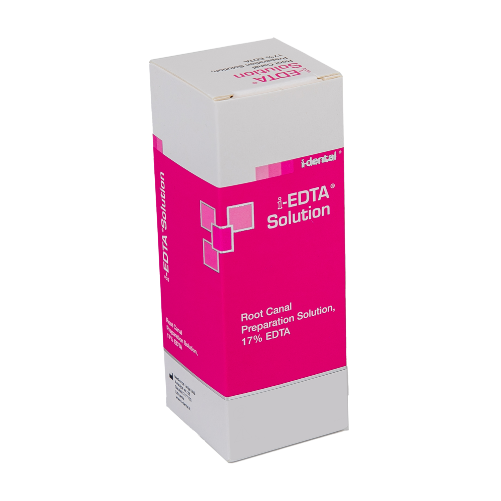 La Solution i-EDTA est spécialement formulée pour la préparation canalaire. Elle vise à accomplir les objectifs suivants : Aide à nettoyer les canaux radiculaires, adoucit et élargit les parois du canal radiculaire, décalcifie la dentine sur les parois du canal radiculaire et enlÚve la couche collante.
