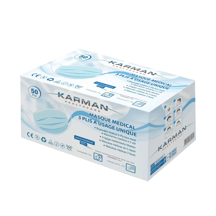 Masques chirurgicaux 3 plis type IIR - Boite de 50, différents coloris - Karman Healthcare - ootopfti.com