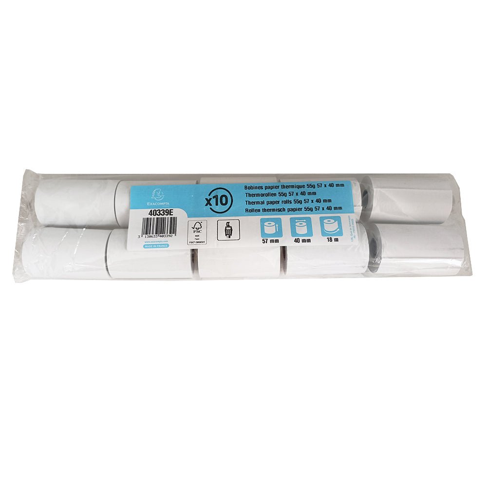 Bobines papier thermique 55g 57 x 40 mm Papier garanti sans Bisphénol A, donc conforme à la règlementation européenne qui interdit les papiers thermiques avec BPA Avertissement de fin de rouleau