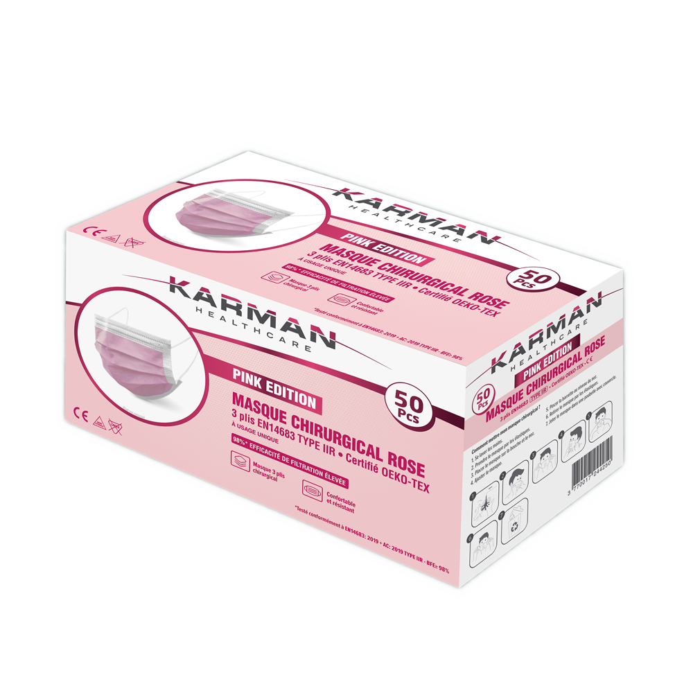 Masques chirurgicaux 3 plis type IIR - Boite de 50, différents coloris - Karman Healthcare - ootopfti.com