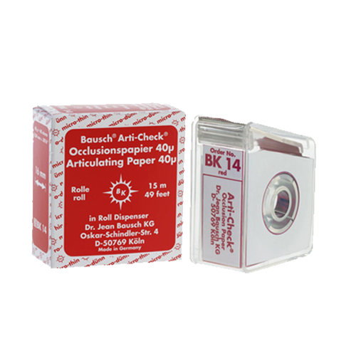 Papier d'occlusion Arti-Check micromince 40µ de BAUSCH. Colorant sur les 2 faces. Des microcapsules éclatent à la pression. Marquage très précis et sélectif. Sans aucune bavure. Couleurs disponibles : bleu, rouge, pour différencier les points de contact centrés et excentrés. Présentation en rouleau de 15 m en distributeur, largeur 16 mm.