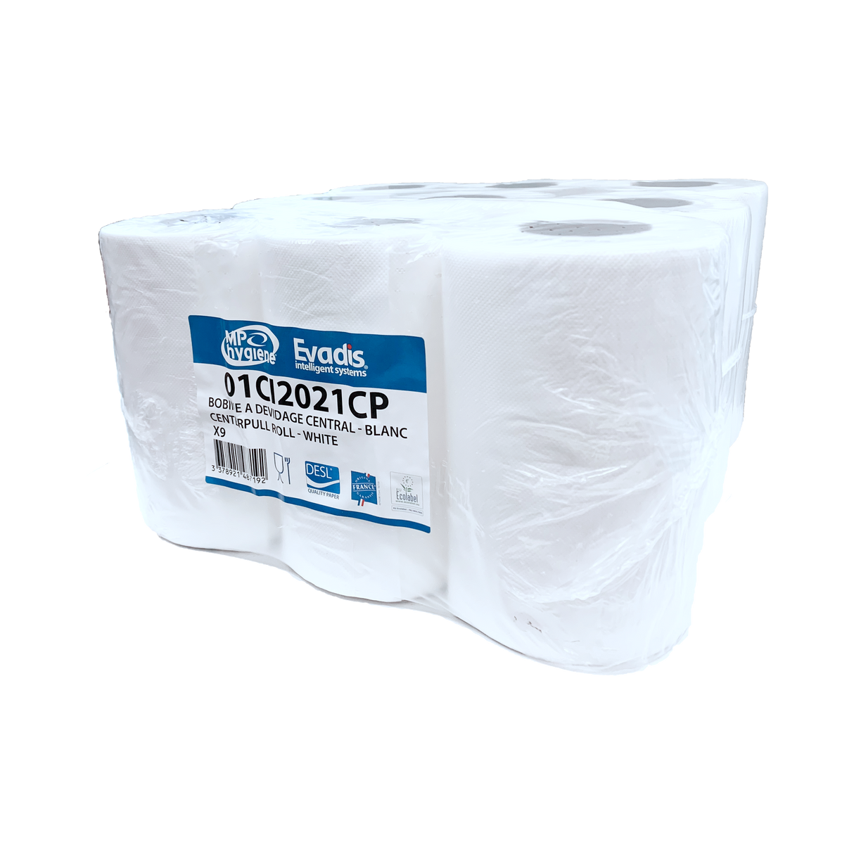 Bobine blanche de type Sopalin : 200 feuilles essuie-mains, 2 plis collés. 19,4x25cm, diamètre Ø 13cm Par 9 Bobines avec possibilité de DÉVIDAGE CENTRAL