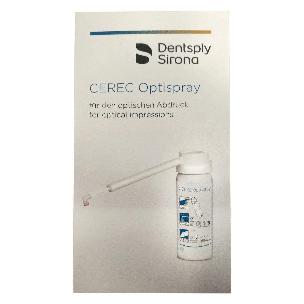 CEREC Optispray permet de réaliser simplement des empreintes optiques 3D parfaites de restaurations CAO/CFAO. CEREC Optispray est conçu pour une utilisation intra-orale (utilisation au fauteuil) et, grâce à une recette optimisée et à une buse spéciale, garantit l'application d'une couche homogène sur l'objet à mesurer, indépendamment de celui-ci. L'Optispray de 50 ml.