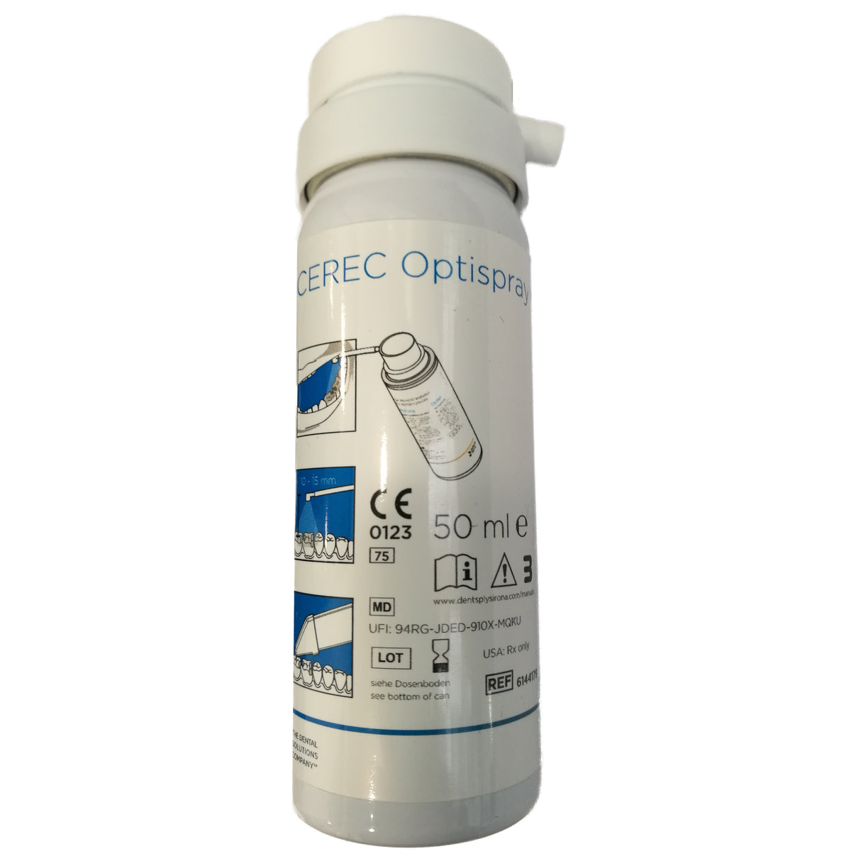 CEREC Optispray permet de réaliser simplement des empreintes optiques 3D parfaites de restaurations CAO/CFAO. CEREC Optispray est conçu pour une utilisation intra-orale (utilisation au fauteuil) et, grâce à une recette optimisée et à une buse spéciale, garantit l'application d'une couche homogène sur l'objet à mesurer, indépendamment de celui-ci. L'Optispray de 50 ml.
