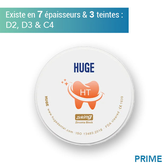 Disque de zircone prime à haute translucidité (HT) - Teintes D2, D3 & D4 - 7 épaisseurs - HUGE - ootopfti.com