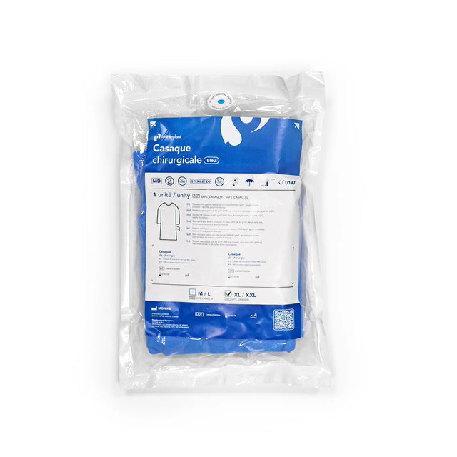 Casaque chirurgicale Stérile - Safe Implant – SMMMS Non-tissé. Grammage : 43 g/m². Tailles disponibles : M, L, XL, XXL - ootopfti.com