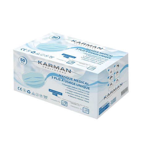 Masques chirurgicaux 3 plis type IIR - Boite de 50, différents coloris - Karman Healthcare - ootopfti.com