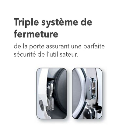 Autoclave de classe B, éco-line, d’une contenance de 22 L et d’une charge utile de 7 kg. Totalement automatique qui porte et maintient la température de la cuve à 80°C pendant la phase de stand-by, c’est à dire entre chaque cycle.