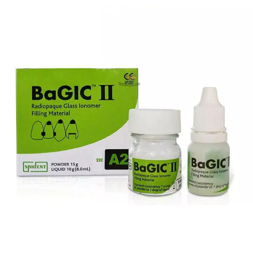 BaGIC Ⅱ est un ciment verre ionomère autopolymérisable. Il a des caractéristiques de propriétés radio-opaques et d'émission de fluor. Et il montre une résistance élevée à l'abrasion et une durabilité avec une résistance élevée. Il a une excellente biocompatibilité, une force de liaison contre les dents (émail, dentine) et une excellente étanchéité au niveau de la partie marginale.  15 g de poudre et 10 g (8 ml) de liquide, cuillère à mesurer en poudre, bloc de mélang