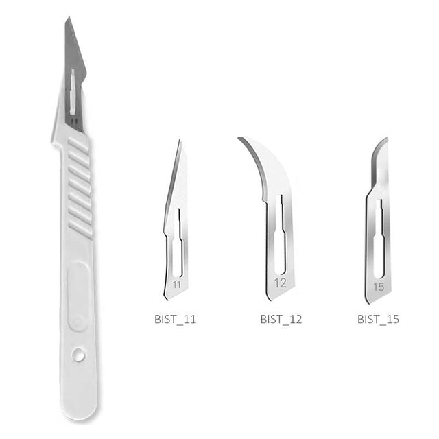 Scalpel jetable avec manche en plastique vendu par boîte de 10 sachets.  Lames chirurgicales stériles en acier au carbone.  Existe avec 3 lames différentes:  LBIST_11 LBIST_12 LBIST_15