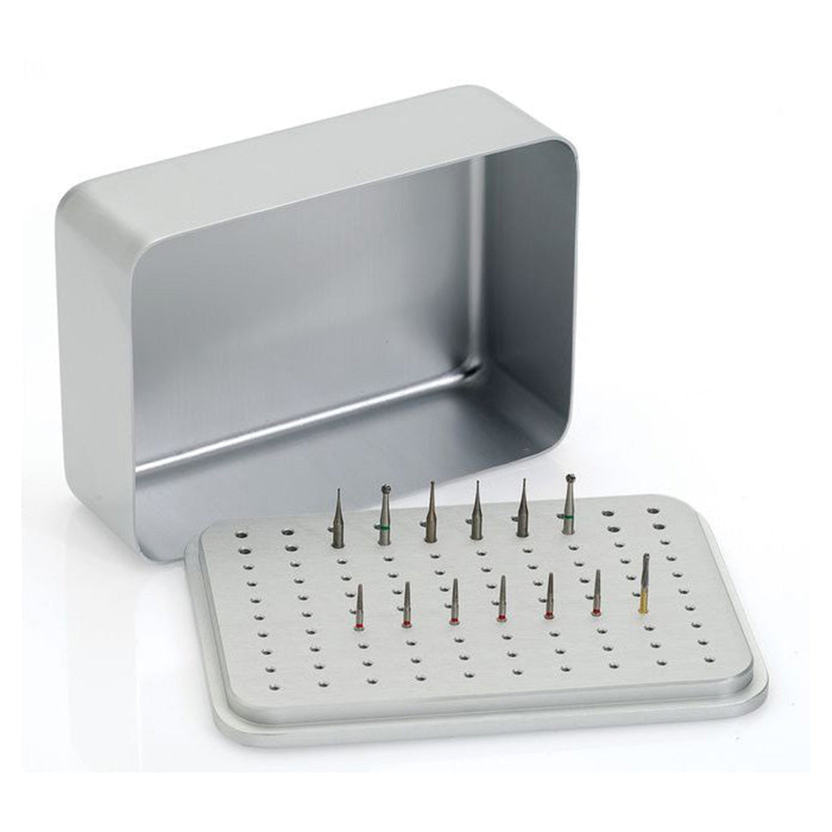 Couvercle amovible Format 12 x 8,5 x 4,5 cm 80 perforations pour fraises FG (pour turbine) + 20 perforations pour les fraises de contre-angle RA