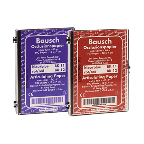 Papier d'occlusion Arti-Check micromince 40µ de BAUSCH.  Colorant sur les 2 faces. Des microcapsules éclatent à la pression. Marquage très précis et sélectif. Sans aucune bavure.  Couleurs disponibles : bleu, rouge, pour différencier les points de contact centrés et excentrés.  Présentation en boîte de 100 feuilles.