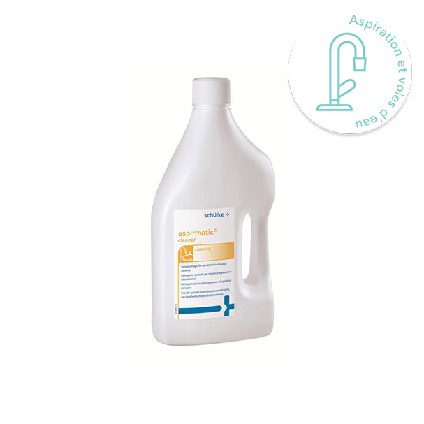 Solution concentrée pour le nettoyage quotidien et la désinfection du système d'aspiration et du crachoir. Puissant détergent, destruction du biofilm.  Intervention du technicien réduite, pas d'odeur nauséabonde.  Produit biodégradable (conformément à la norme OCDE 301D).  Matériaux d'emballage recyclables.   Recommandations d'utilisation : diluer à 5%, laisser agir 1 heure minimum. A utiliser 1 à 2 fois par semaine, au lieu de la désinfection du midi.  Flacon de 2 litres.