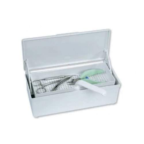 Bac de décontamination pour instruments avec panier perforé. Panier avec poignée pivotante.  Dimensions : L 26 x l 8,5 x H 12 cm
