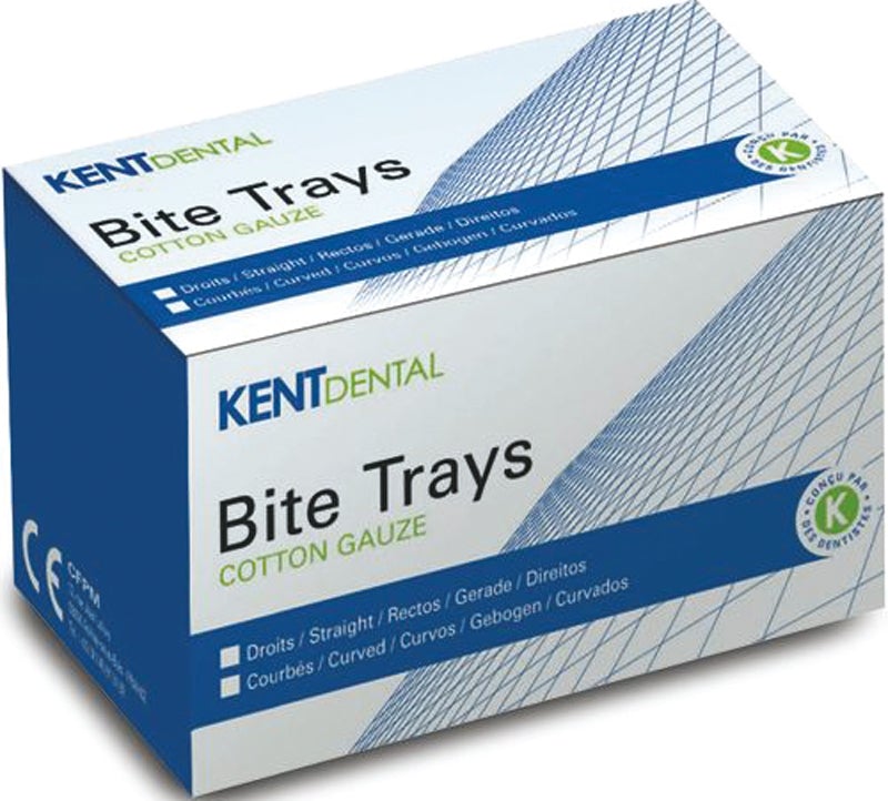 Support d'enregistrement sectoriel en papier permettant la prise d'empreinte de deux secteurs antagonistes en occlusion.  Dispositif médical de classe I. Fabricant : CFPM  Bite Trays droits : Pour les secteurs postérieurs La boîte de 50 supports.  Bite Trays Courbés : Pour les secteurs antérieurs. La boîte de 30 supports.