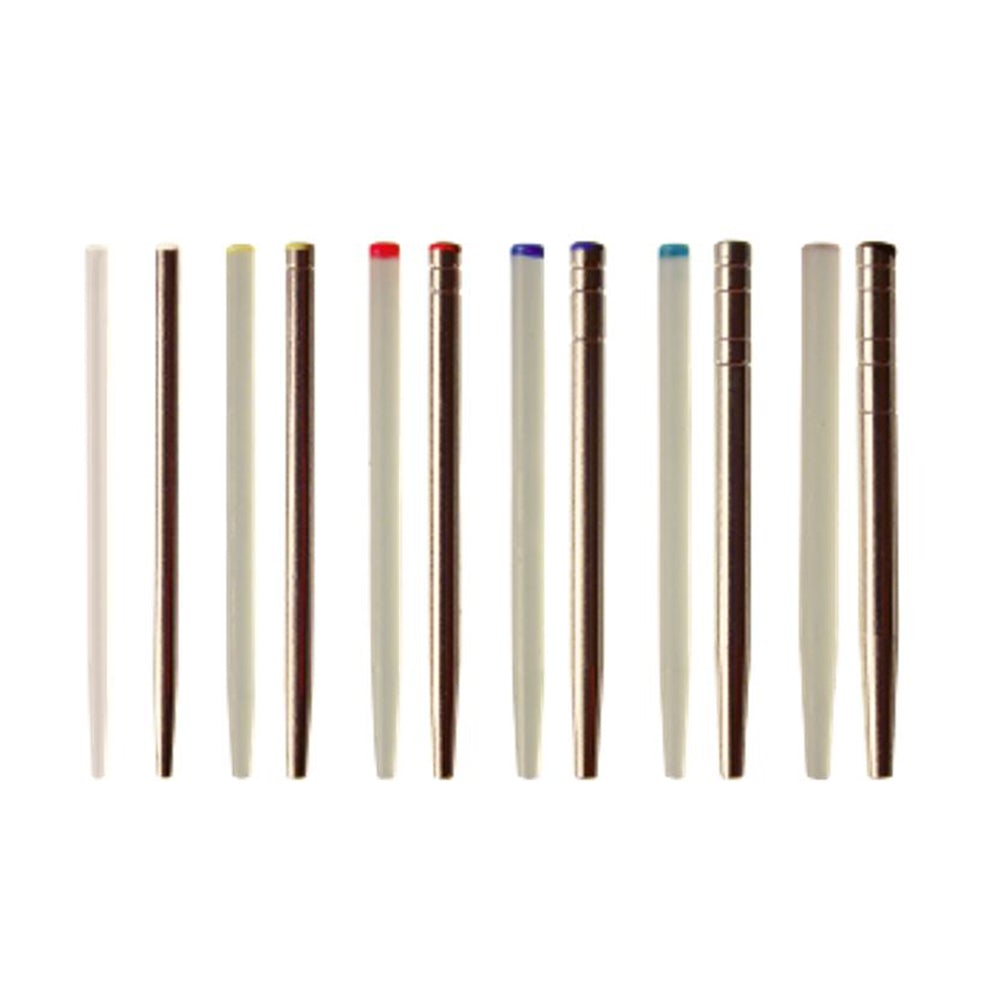 Système de clavettes inox cylindro-coniques. Longueur : 22 mm  Dispositif médical de classe lla. Marquage CE0120  La boîte de 10 clavettes INOX  T=0 Blanc diamètre 1,16 mm T=1 Jaune diamètre 1,26 mm T=2 Rouge diamètre 1,36 mm T=3 Bleu diamètre 1,46 mm T=4 Vert diamètre 1,56 mm T=5 Noir diamètre 1,66 mm