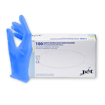 Gants nitrile bleu Jet : sans latex, non poudrés, résistants & hypoallergéniques. Confort pro, excellente adhérence. Boîte de 100, usage médical - ootopfti.com
