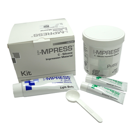 i-MPRESS - Kit Avancé d'Empreinte Dentaire est la solution complète pour des empreintes dentaires de haute précision. L'ensemble comprend 200 ml de mastic, 40 ml de corps léger, 30 ml de gel activateur universel, un bloc de mélange et un distributeur.
